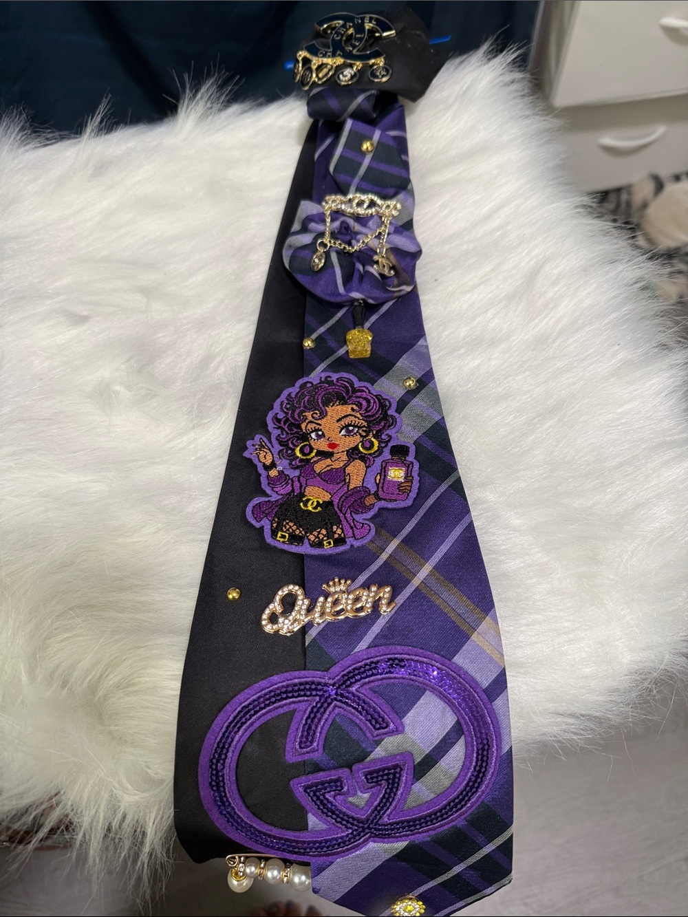 Purple Plaid Embellished Fashion Junk Tie - Queen Motif